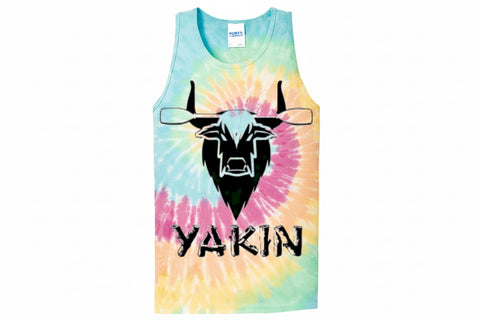 A multicolored tie-dye tank top with a graphic of a Yak’s head in the center and the text 'YAKIN' at the bottom.