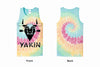 A multicolored tie-dye tank top with a graphic of a Yak’s head in the center and the text 'YAKIN' at the bottom.